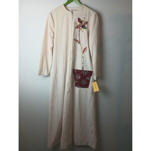 Vintage Periphery Cream Velour Zip Front Nightgown Robe Patchwork Flower Large